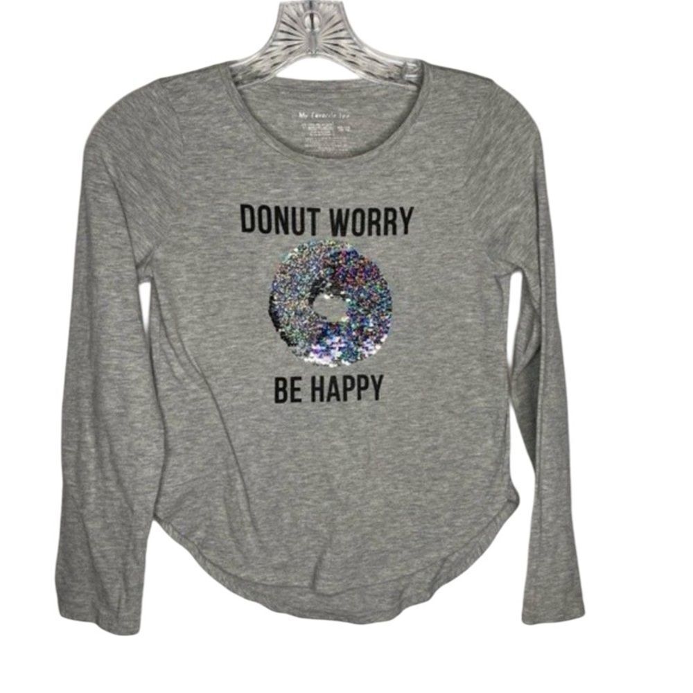 5/$25 Members Mark Gray Sequins Donut Worry Be Happy Long Sleeve Casual Play Tee